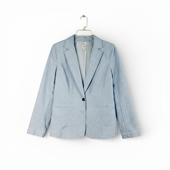 J.Crew Cotton Linen Blazer Jacket Light Blue PinStripe Sz 8 Professional Coastal - Picture 2 of 8